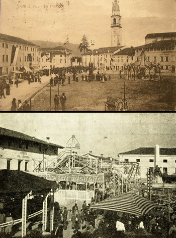 Do foto stòriche de la Piassa de Isola Vicentina co le giostre per la sagra. (foto inprestà da la Biblioteca)