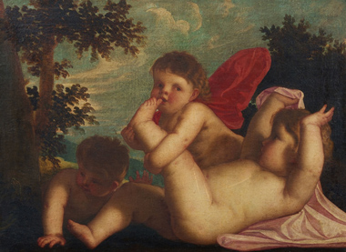 Scene allegoriche di putti, ojo su tela, 67,5 x 94 cm.