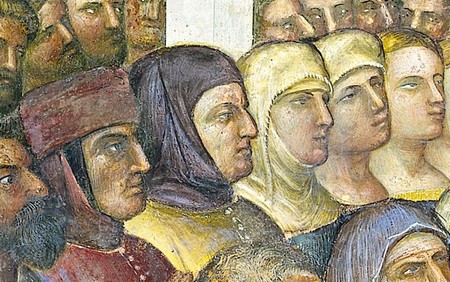 Afresco: Francesco I da Carrara con Francesco Petrarca e la moglie Fina Buzzaccarini (particolare de I miracoli di Cristo).